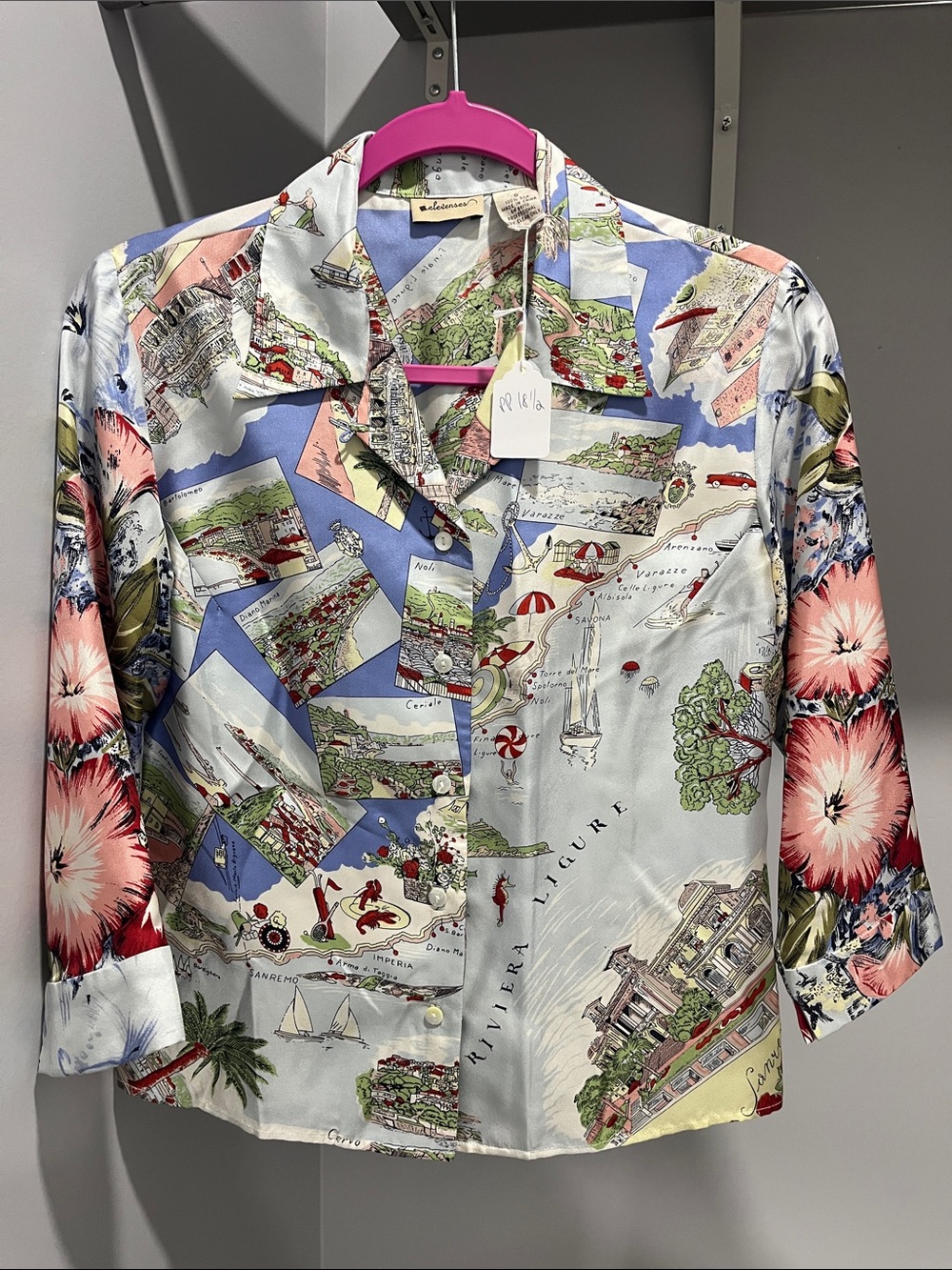 Riviera Scenic Map Print Silk Shirt in Blue, White, Red, Green